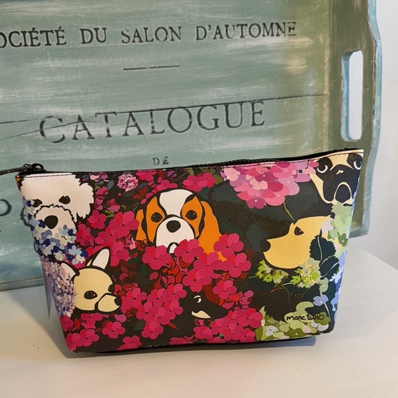 Marc Tetro Dogs Floral Pink Black Zipper Travel Cosmetic Bag NWT - Picture 1 of 6